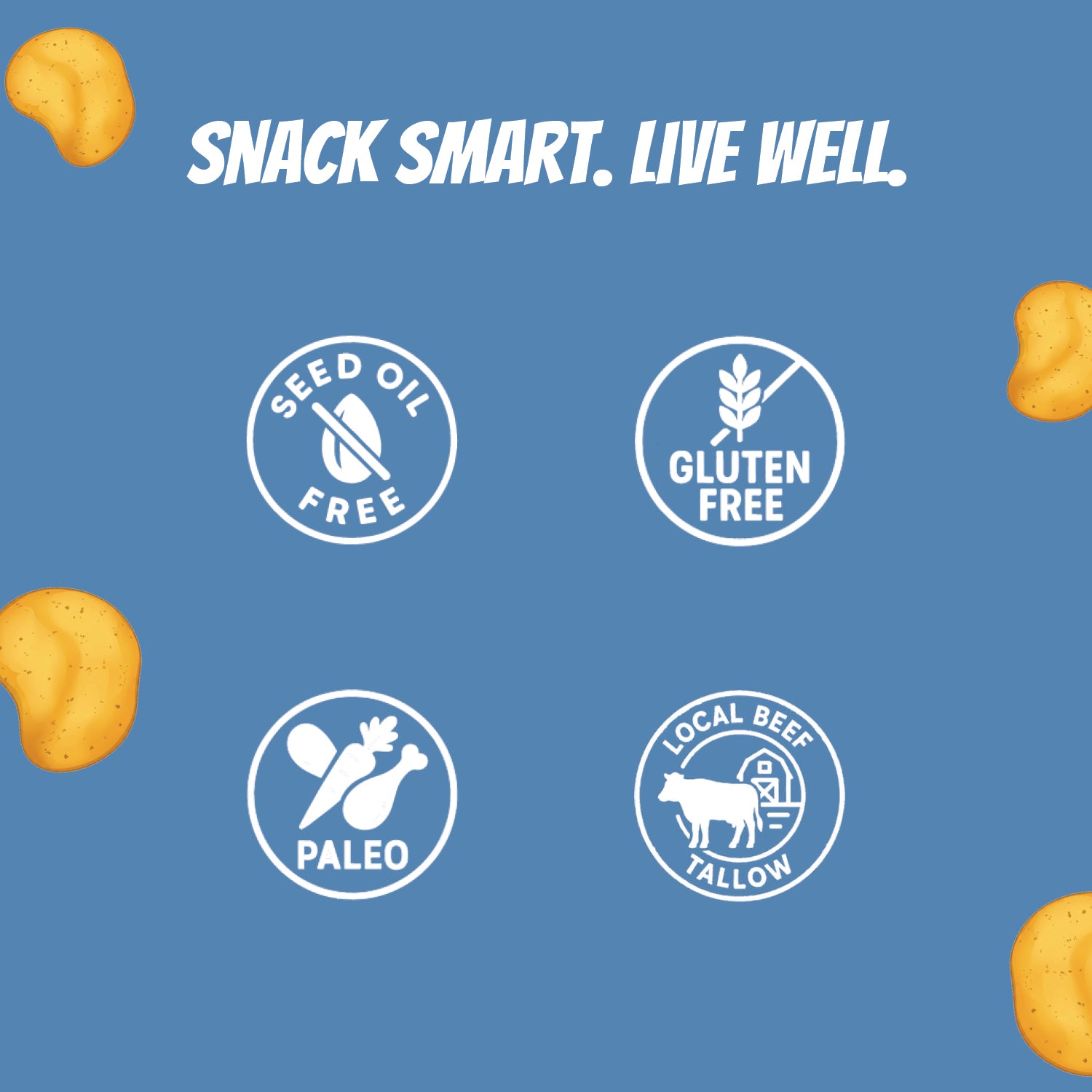 Teddy's Tallow Chips attributes with 'Seed Oil Free', 'Gluten Free', 'Paleo', and 'Local Beef Tallow' labels on a blue background.