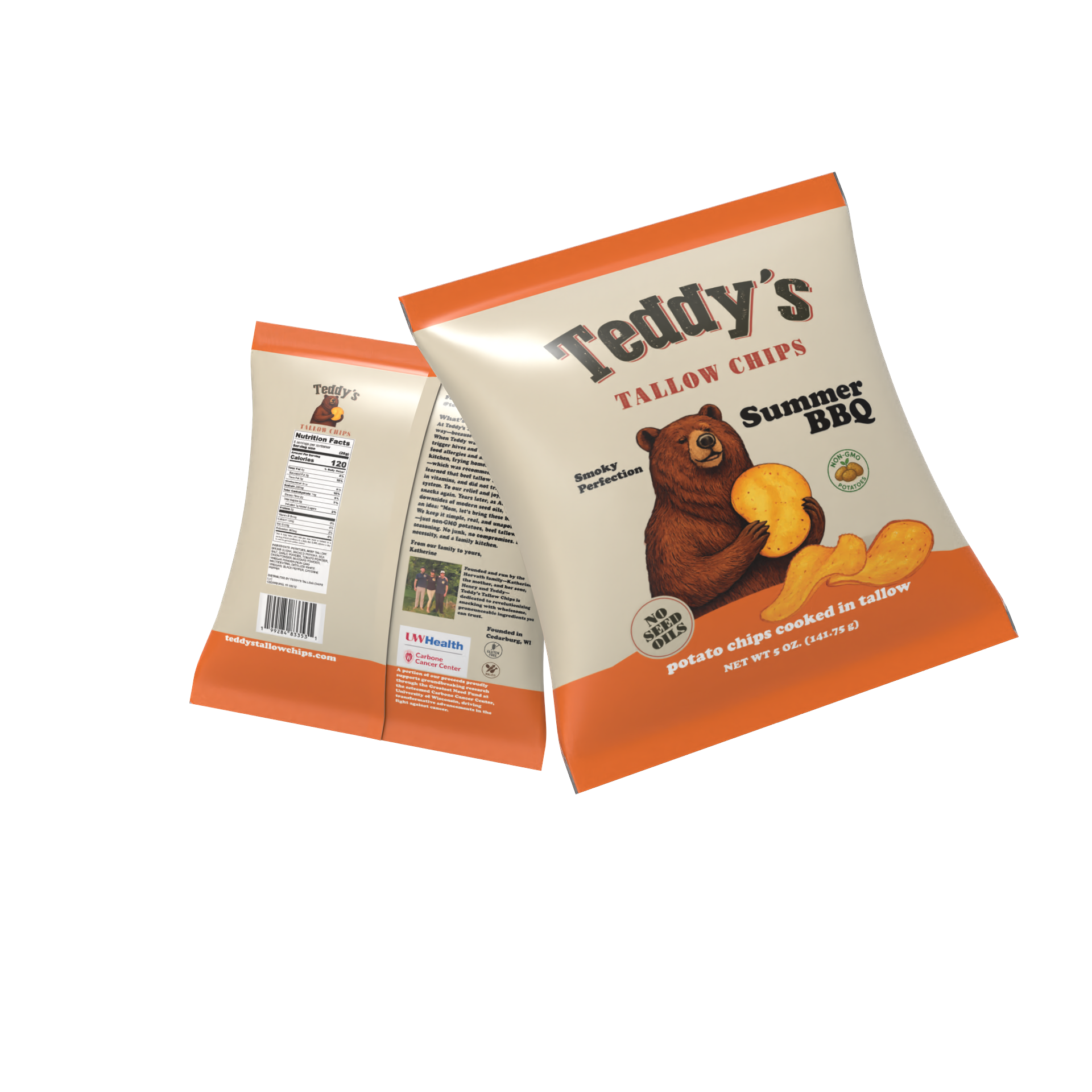 Teddy's Summer BBQ beef tallow chips 5oz front and back slanted view
