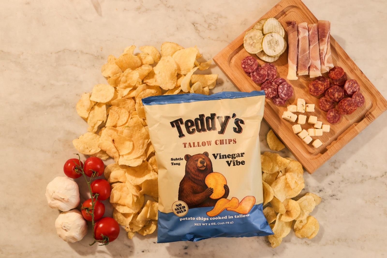 Teddy's Vinegar Vibe potato chips with a snack board