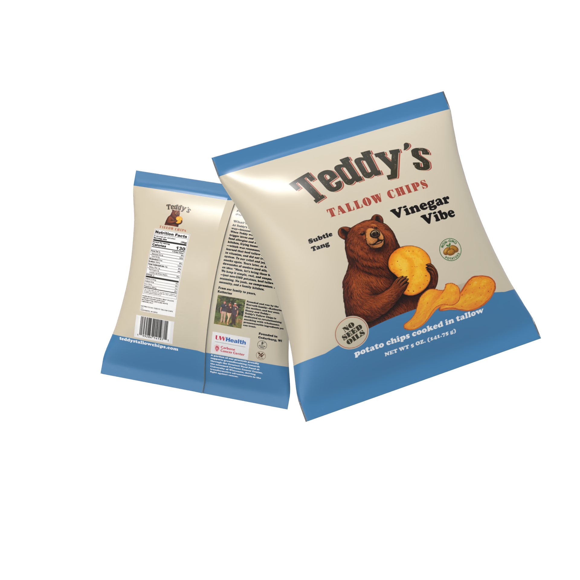 Two packages of Teddy's Tallow Chips Vinegar Vibe on a white background